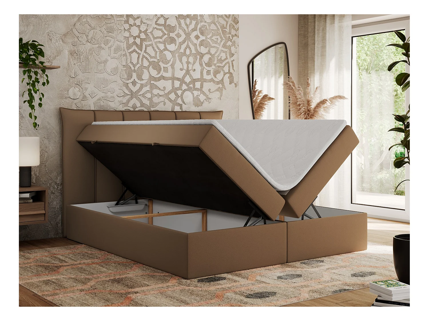 Boxspringbett PREMIUM 10 mit Multipocket-Matratze, gesteppte Kopfstütze, zwei Bettkästen - 180x200 cm - H3 - Braun Kunstleder