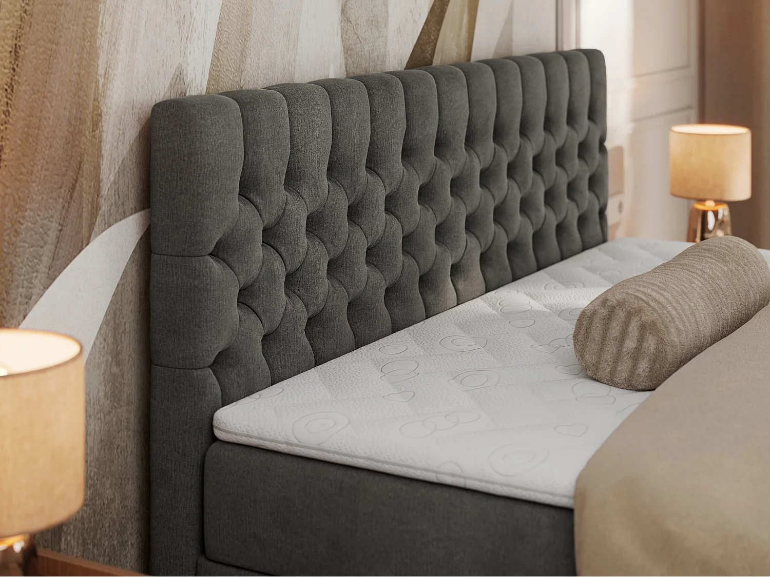 Boxspringbett GRIMALDI mit zwei Bettkästen, gesteppter Kopfstütze, Metallfüßen - 200x200 cm - H4 - Dunkelgrau Velvet