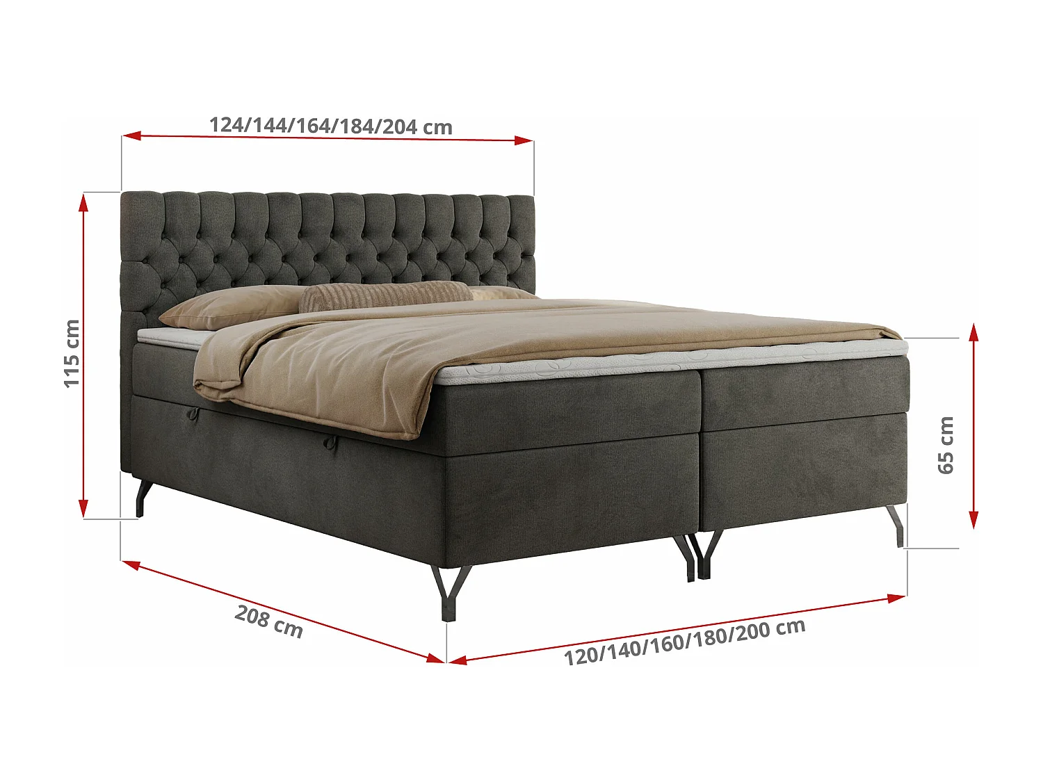 Boxspringbett GRIMALDI mit zwei Bettkästen, gesteppter Kopfstütze, Metallfüßen - 200x200 cm - H4 - Dunkelgrau Velvet