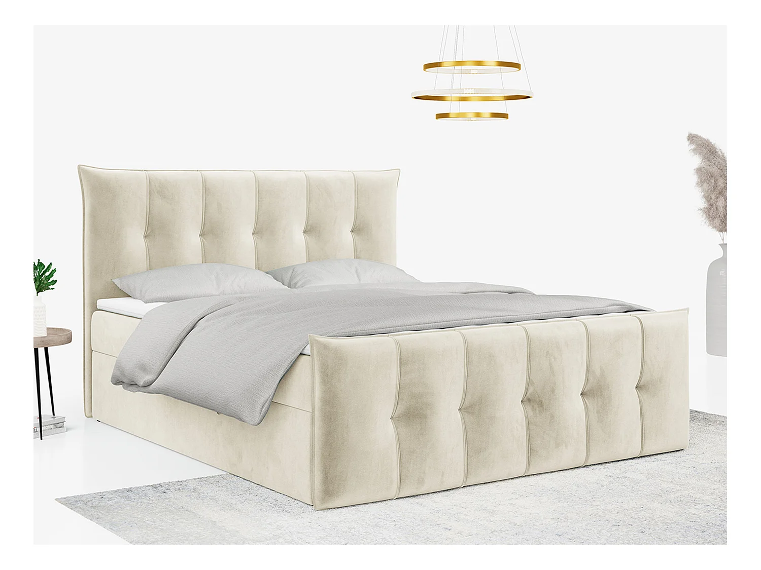 Boxspringbett PREMIUM 11 mit Stauraum, gestepptem Kopfteil, Multipocket-Matratze und Topper - 180x200 cm - H3 - Beige Velvet
