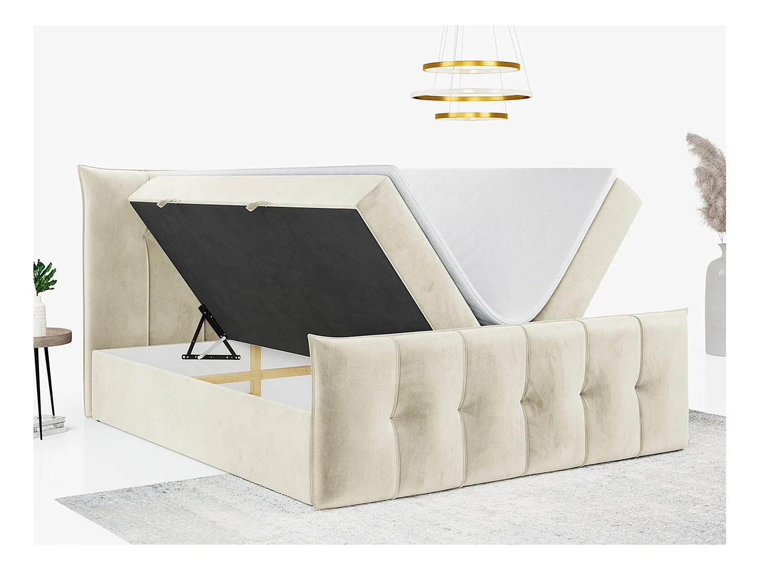 Boxspringbett PREMIUM 11 mit Stauraum, gestepptem Kopfteil, Multipocket-Matratze und Topper - 180x200 cm - H3 - Beige Velvet