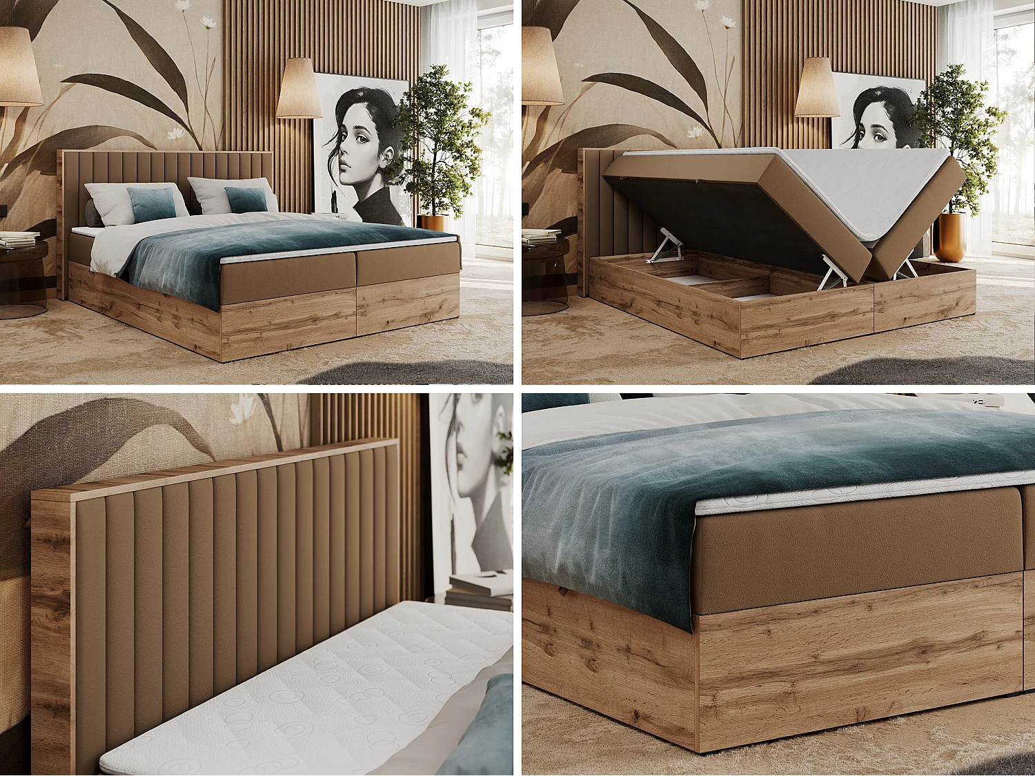 Boxspringbett ALBERO 4, Eiche Wotan Holzrahmen, mit Stauraum, genähtes Kopfteil - 200x200 cm - H4 - Braun Kunstleder