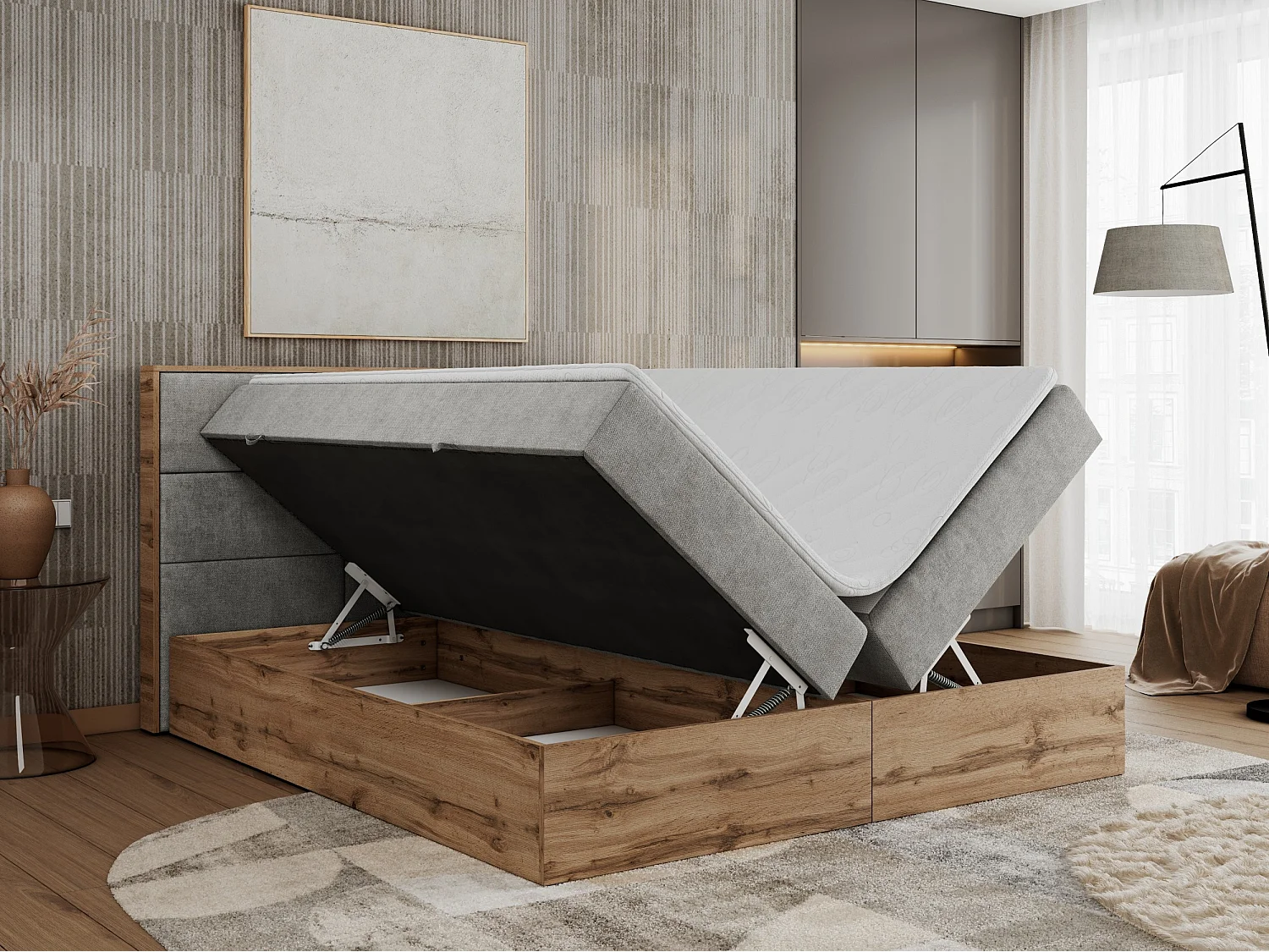 Boxspringbett ALBERO 2 mit Topper und Multipocket-Matratze, Stauraum, Holzrahmen - 120x200 cm - H4 - Hellgrau Strukture