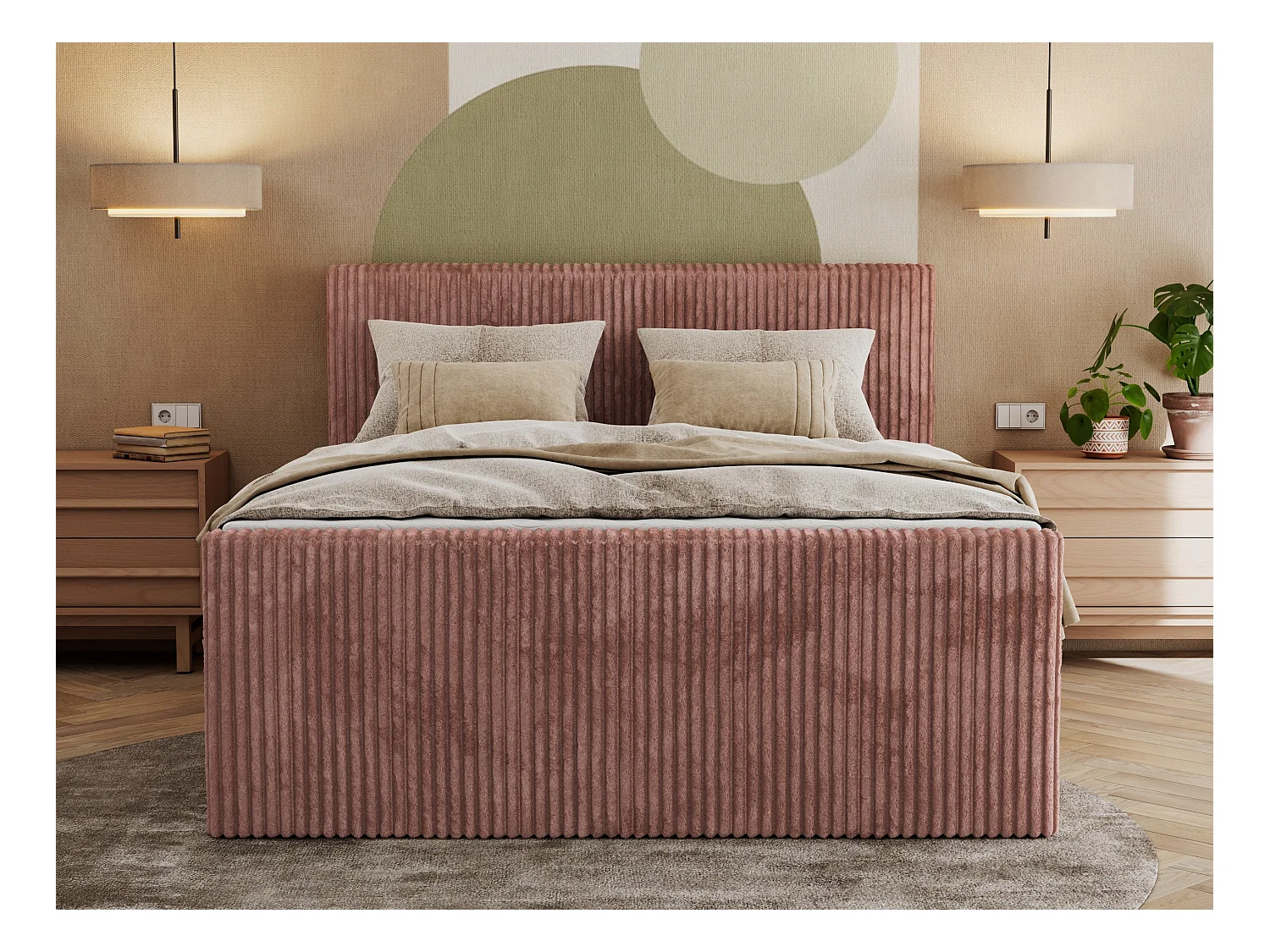 Boxspringbett TILIANO KING DUO, mit zwei Bettkästen, Cord Bett Multipocket-Matratze - 180x200 cm - H4 - Rosa Cord