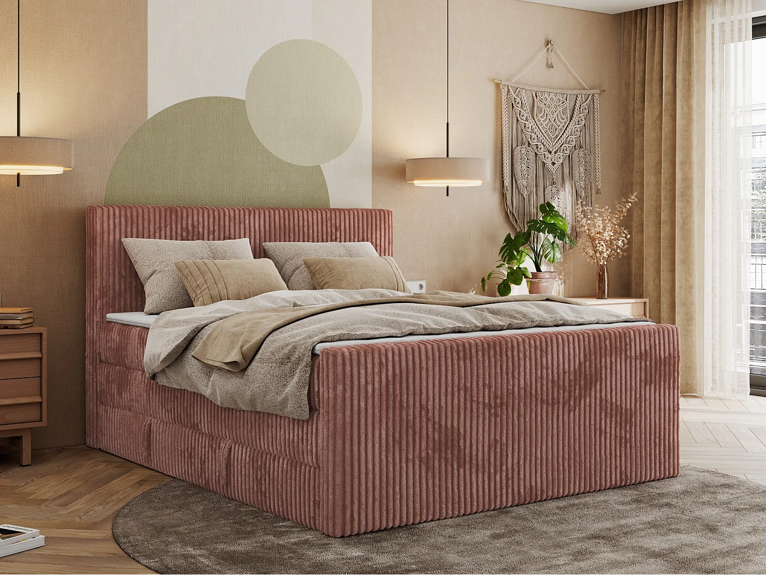 Boxspringbett TILIANO KING DUO, mit zwei Bettkästen, Cord Bett Multipocket-Matratze - 180x200 cm - H4 - Rosa Cord