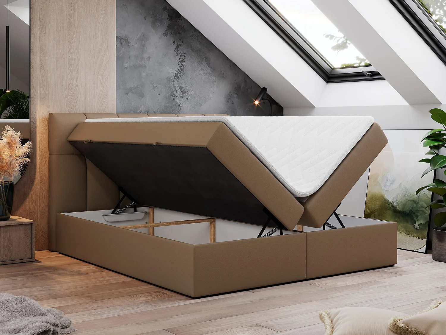 Boxspringbett RICO, Doppelbett mit Matratze, zwei Bettkästen, Bett mit Kopfteil - 160x200 cm - H3 - Braun Kunstleder