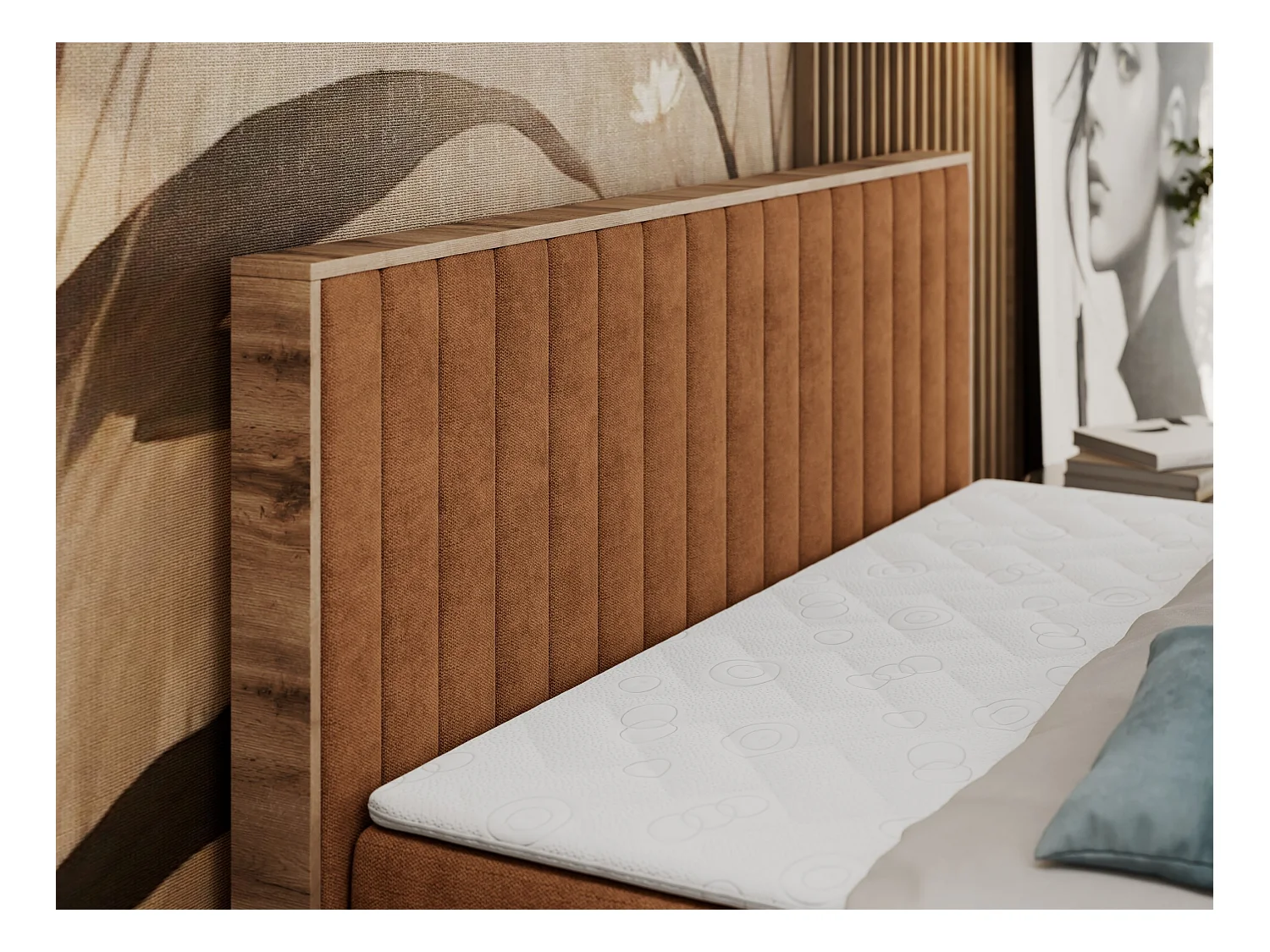 Boxspringbett ALBERO 4, Eiche Wotan Holzrahmen, mit Stauraum, genähtes Kopfteil - 160x200 cm - H4 - Orange Strukture