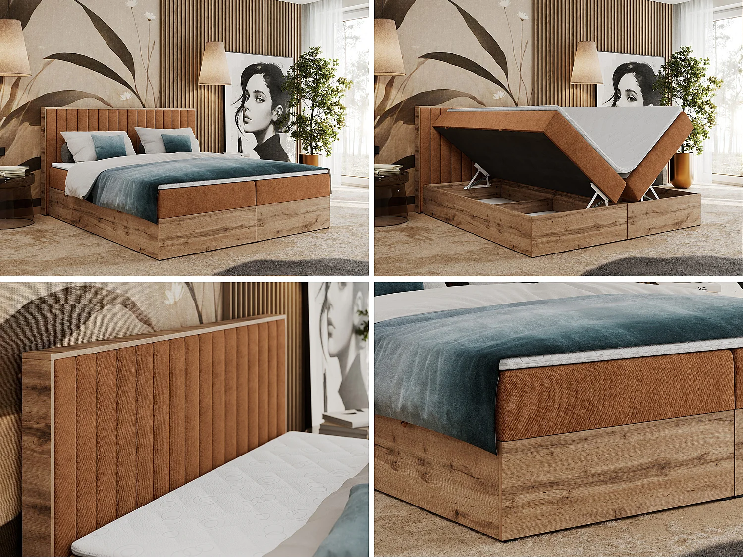 Boxspringbett ALBERO 4, Eiche Wotan Holzrahmen, mit Stauraum, genähtes Kopfteil - 160x200 cm - H4 - Orange Strukture