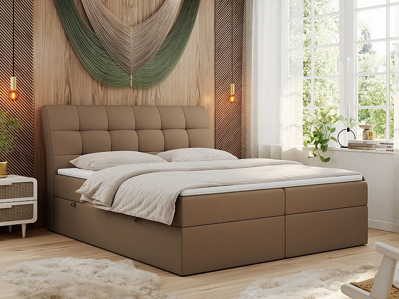 Boxspringbett DIEGOS mit Stauraum, gestepptem Kopfteil, Multipocket-Matratze - 200x200 cm - H3 - Braun Kunstleder