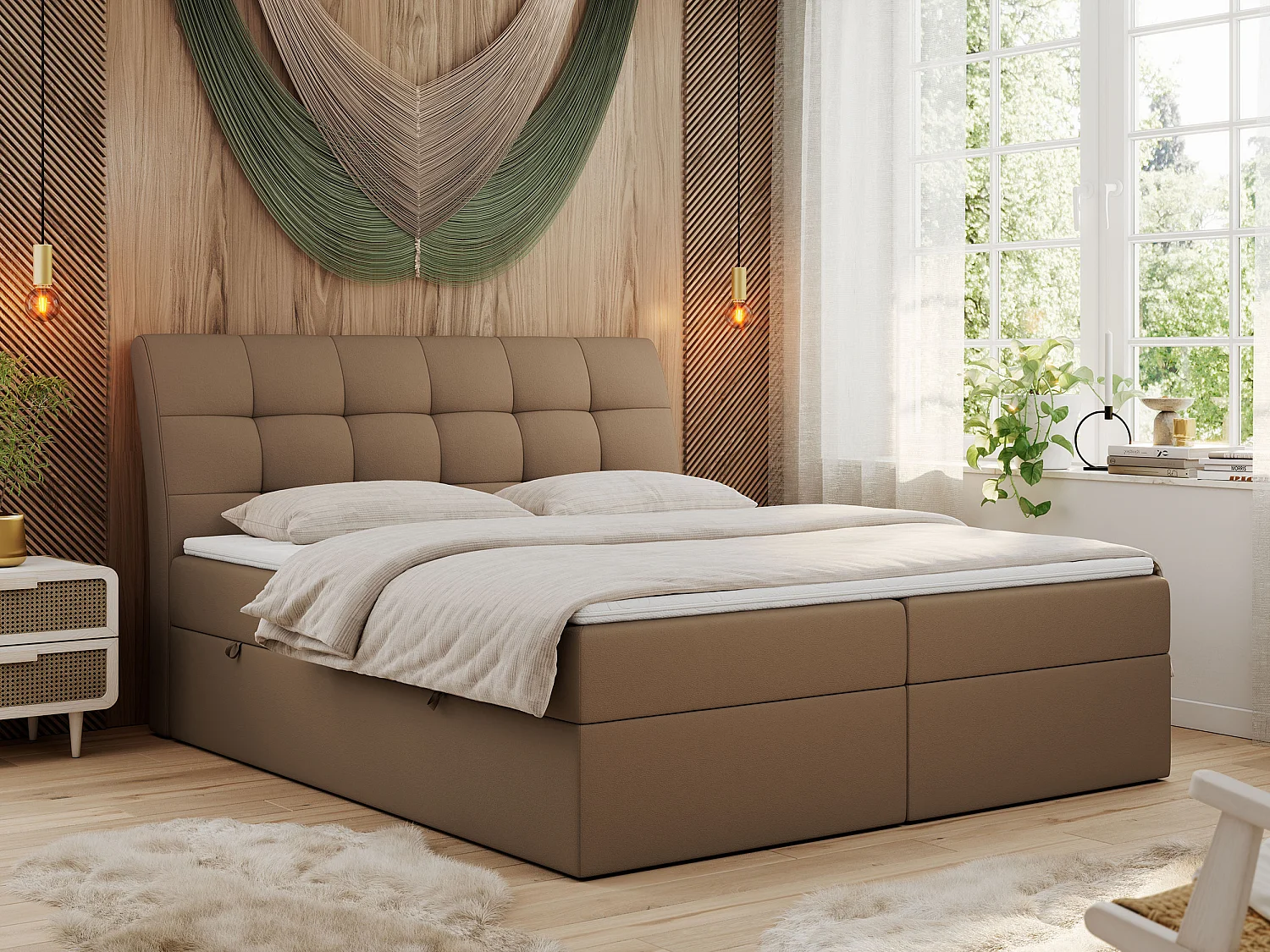 Boxspringbett DIEGOS mit Stauraum, gestepptem Kopfteil, Multipocket-Matratze - 200x200 cm - H3 - Braun Kunstleder