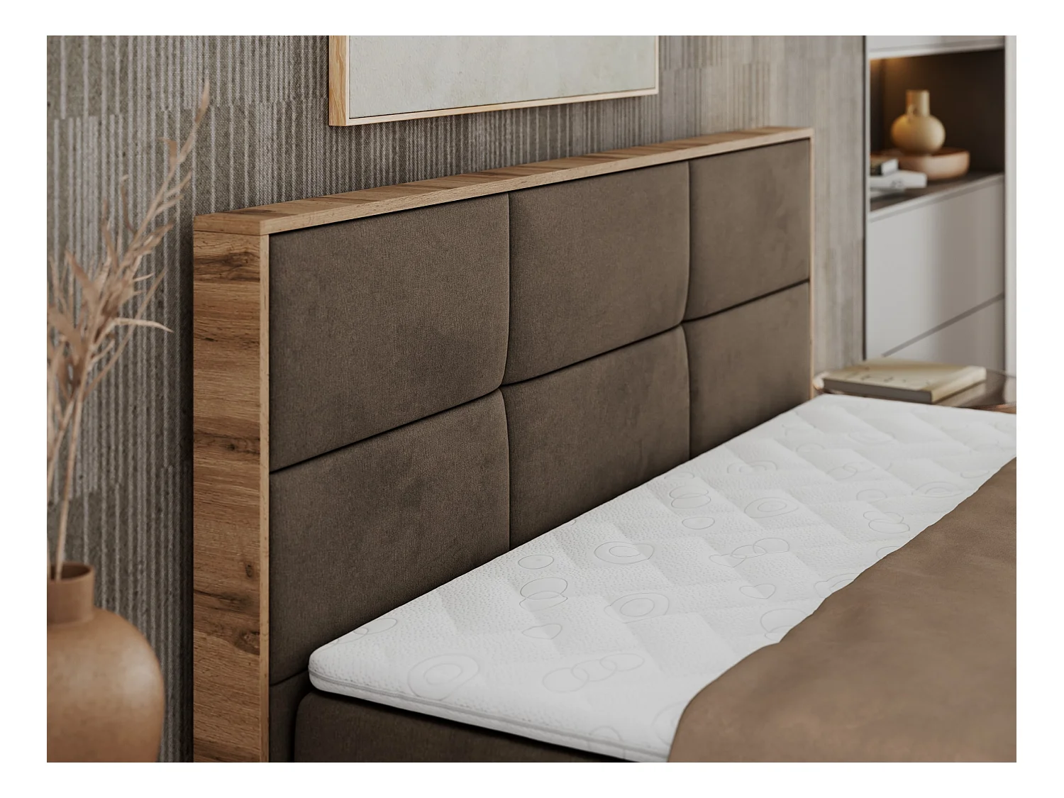 Boxspringbett ALBERO 2 mit Topper und Multipocket-Matratze, Stauraum, Holzrahmen - 200x200 cm - H4 - Braun Velvet