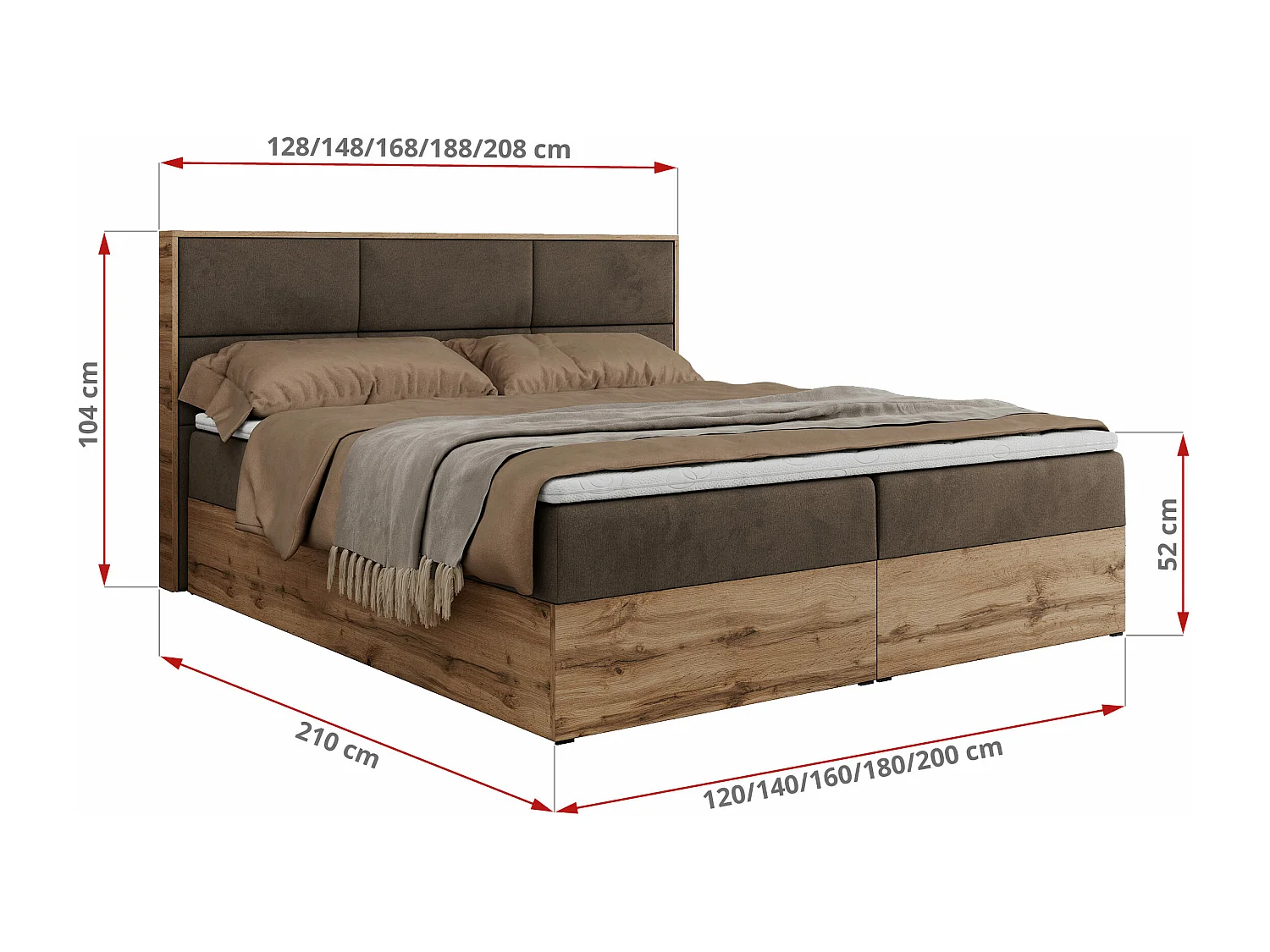 Boxspringbett ALBERO 2 mit Topper und Multipocket-Matratze, Stauraum, Holzrahmen - 200x200 cm - H4 - Braun Velvet
