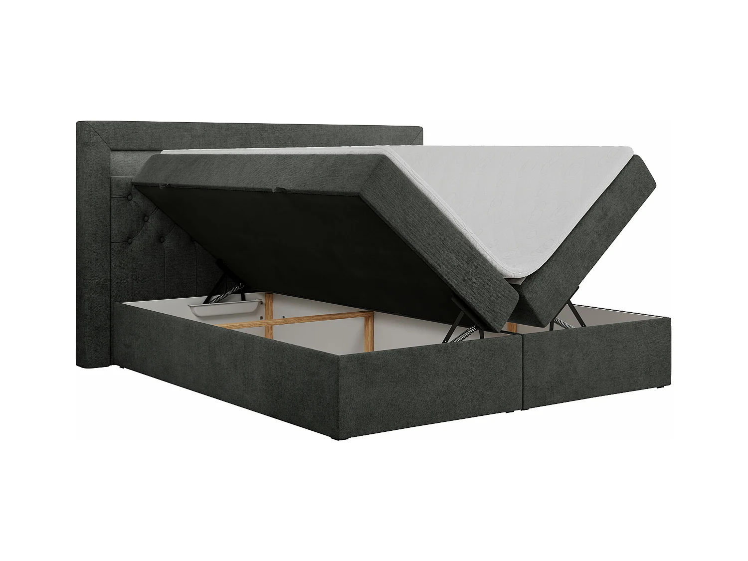 Boxspringbett GOLD 6, Doppelbett mit Stauraum, LED-Beleuchtung, gesteppte Kopfstütze - 180x200 cm - H3 - Dunkelgrau Strukture