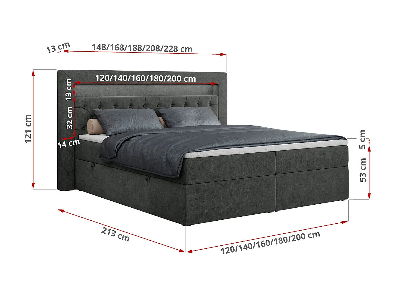 Boxspringbett GOLD 6, Doppelbett mit Stauraum, LED-Beleuchtung, gesteppte Kopfstütze - 180x200 cm - H3 - Dunkelgrau Strukture