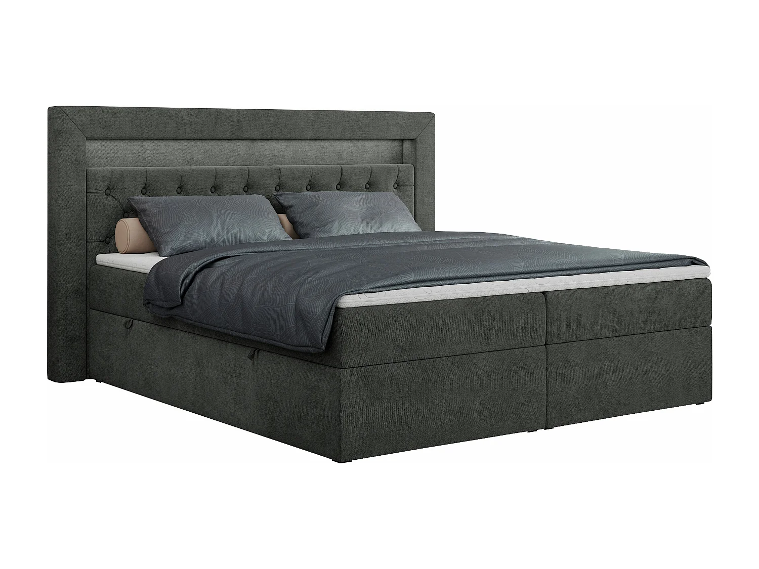 Boxspringbett GOLD 6, Doppelbett mit Stauraum, LED-Beleuchtung, gesteppte Kopfstütze - 180x200 cm - H3 - Dunkelgrau Strukture
