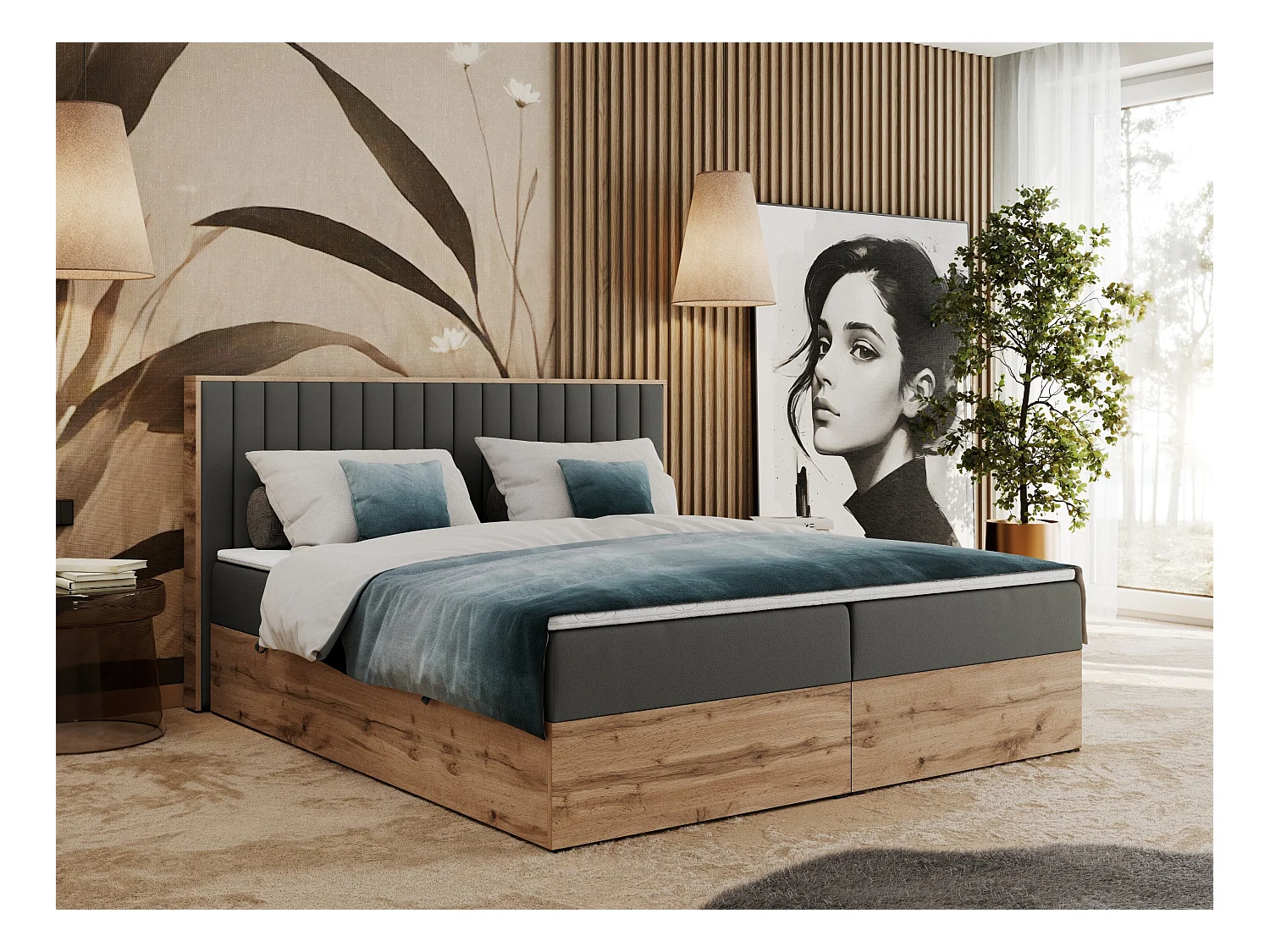 Boxspringbett ALBERO 4, Eiche Wotan Holzrahmen, mit Stauraum, genähtes Kopfteil - 160x200 cm - H3 - Dunkelgrau Kunstleder