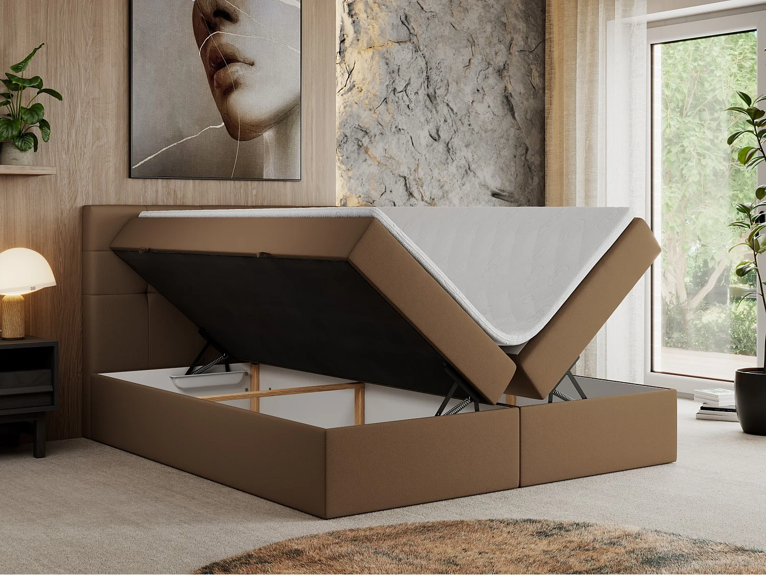 Boxspringbett CENTOS mit gestepptem Kopfteil, Multipocket-Matratze, Doppelbett mit Stauraum - 120x200 cm - H3 - Braun Kunstleder