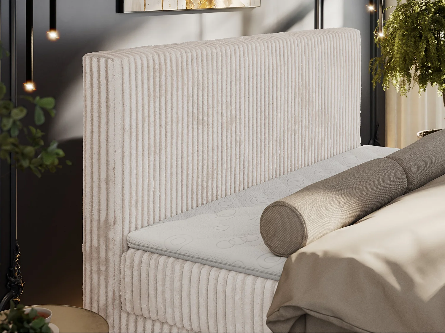 Boxspringbett TILIANO DUO mit gepolstertem Fußteil, Cord Bett, Multipocket-Matratze - 140x200 cm - H4 - Beige Cord