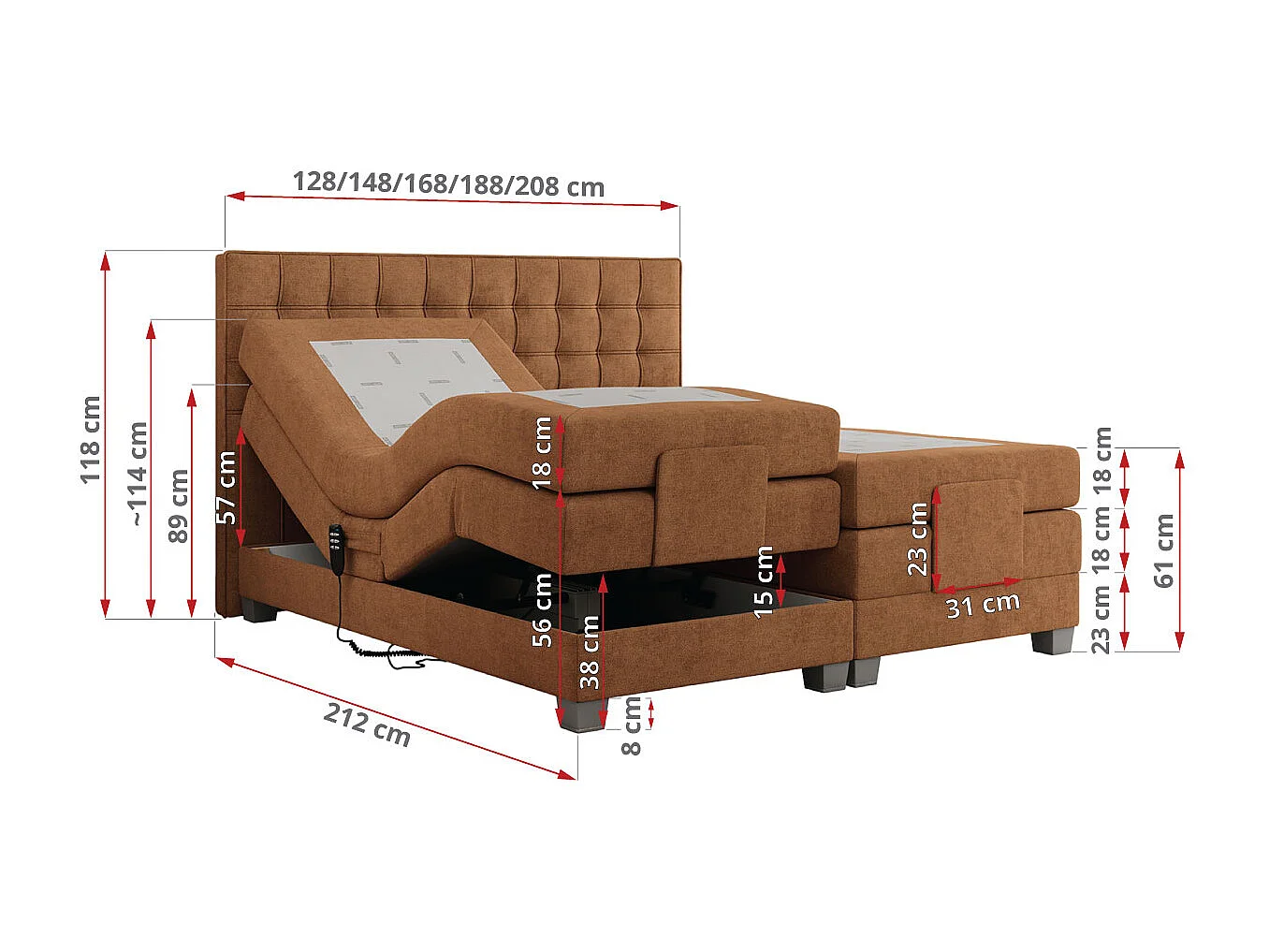 Boxspringbett ELEKTRO mit Multipocket-Matratze, Elektrisch verstellbare, genähtes Kopfteil - 200x200 cm - H3 - Orange Strukture
