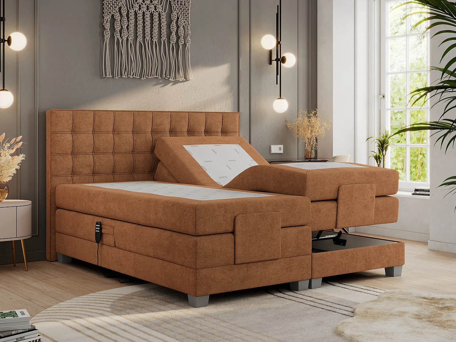 Boxspringbett ELEKTRO mit Multipocket-Matratze, Elektrisch verstellbare, genähtes Kopfteil - 200x200 cm - H3 - Orange Strukture