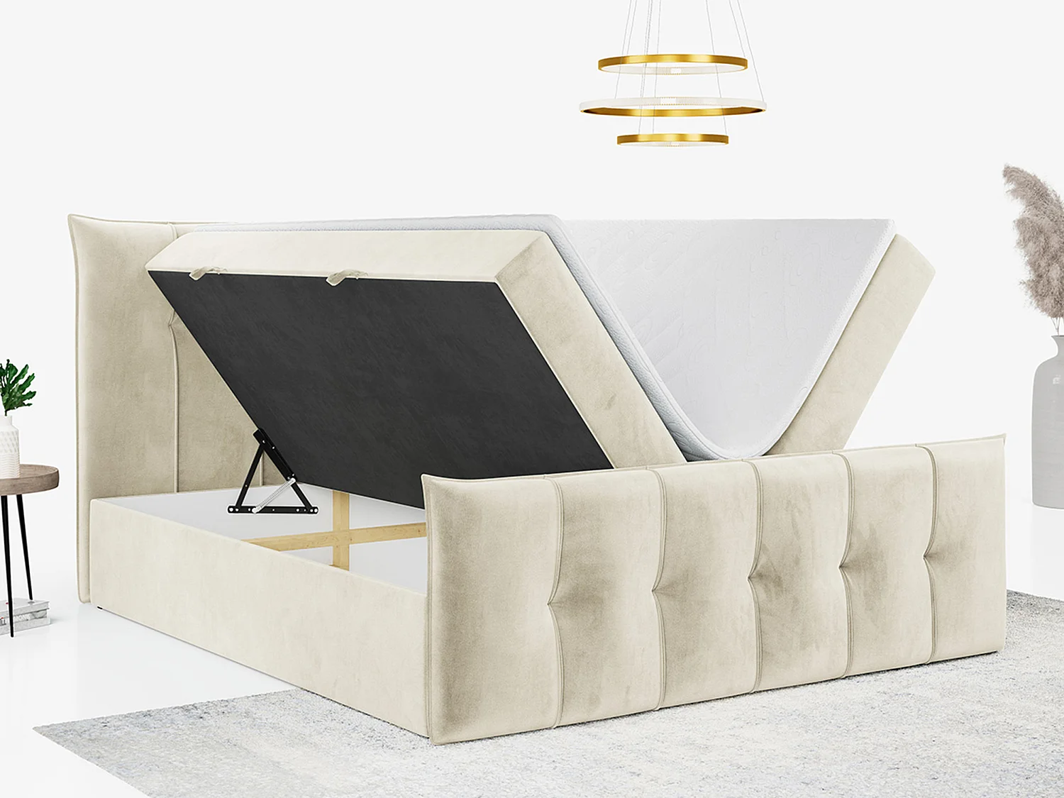 Boxspringbett PREMIUM 11 mit Stauraum, gestepptem Kopfteil, Multipocket-Matratze und Topper - 140x200 cm - H3 - Beige Velvet