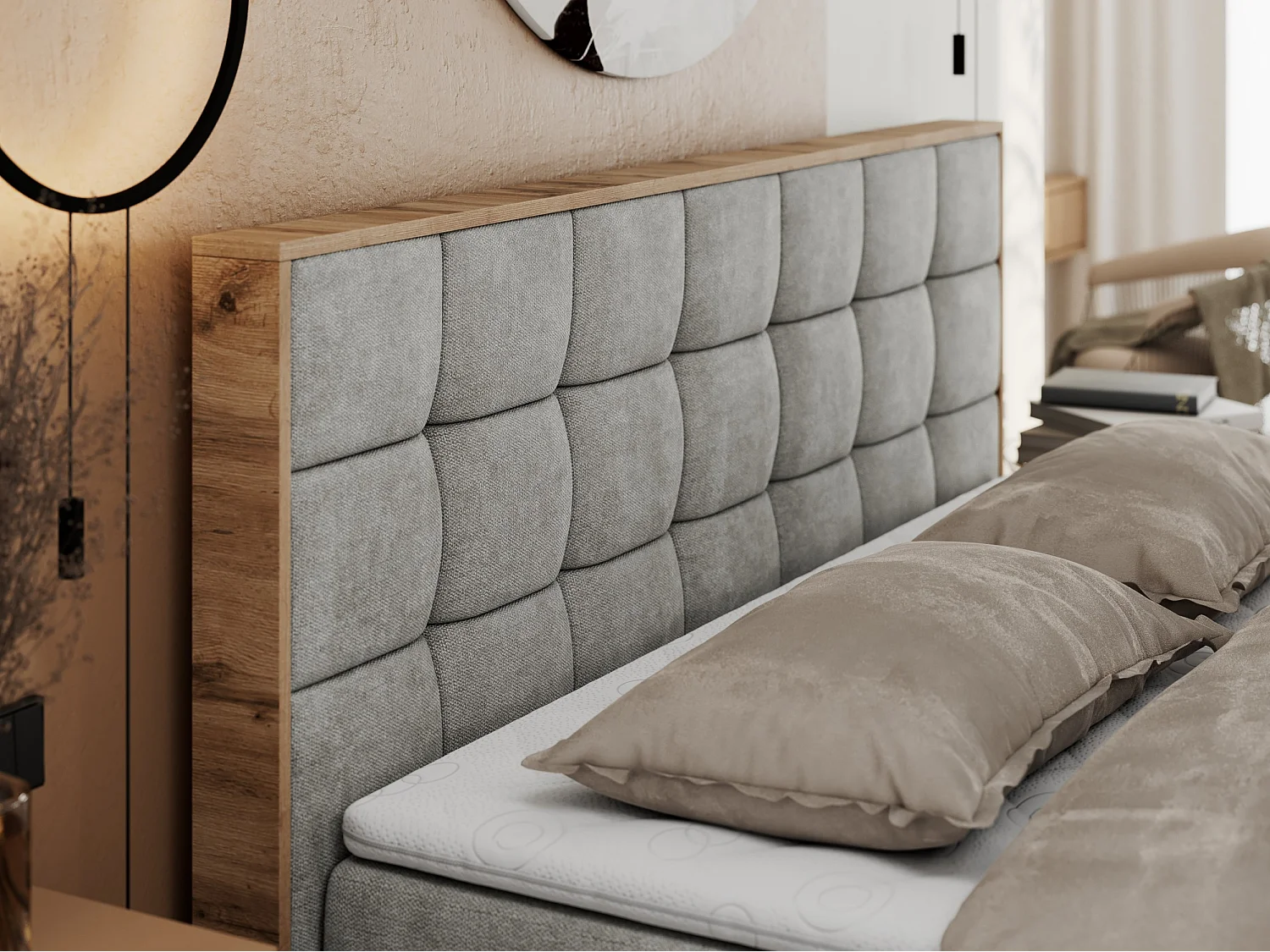 Boxspringbett ALBERO 1, Polsterbett mit gestepptem Kopfteil, Multipocket-Matratze - 120x200 cm - H4 - Hellgrau Strukture