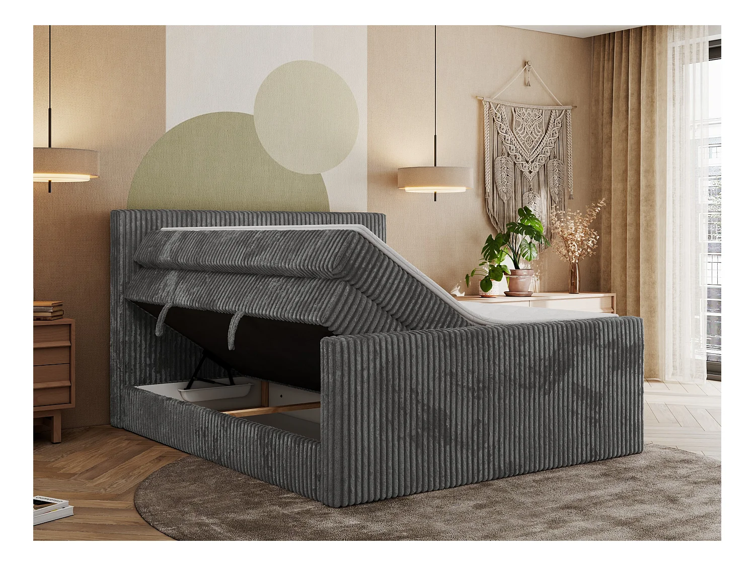 Boxspringbett TILIANO KING DUO, mit zwei Bettkästen, Cord Bett Multipocket-Matratze - 160x200 cm - H4 - Grau Cord