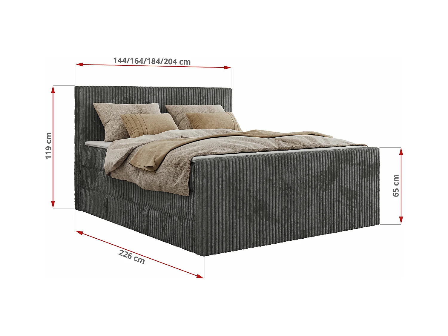 Boxspringbett TILIANO KING DUO, mit zwei Bettkästen, Cord Bett Multipocket-Matratze - 160x200 cm - H4 - Grau Cord