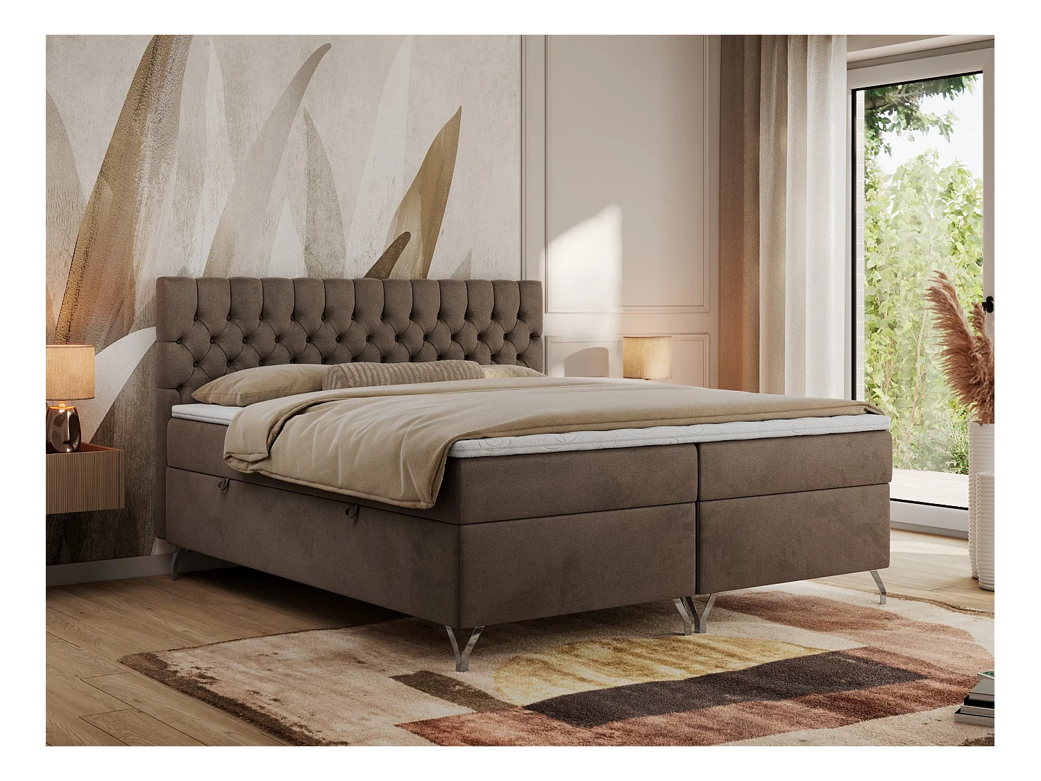 Boxspringbett GRIMALDI mit zwei Bettkästen, gesteppter Kopfstütze, Metallfüßen - 120x200 cm - H4 - Braun Velvet