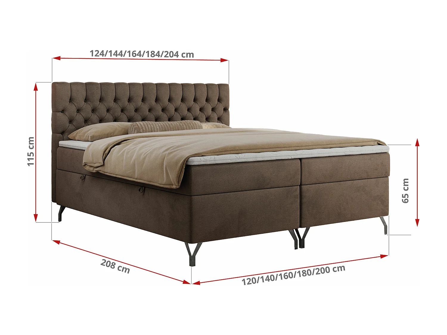Boxspringbett GRIMALDI mit zwei Bettkästen, gesteppter Kopfstütze, Metallfüßen - 120x200 cm - H4 - Braun Velvet