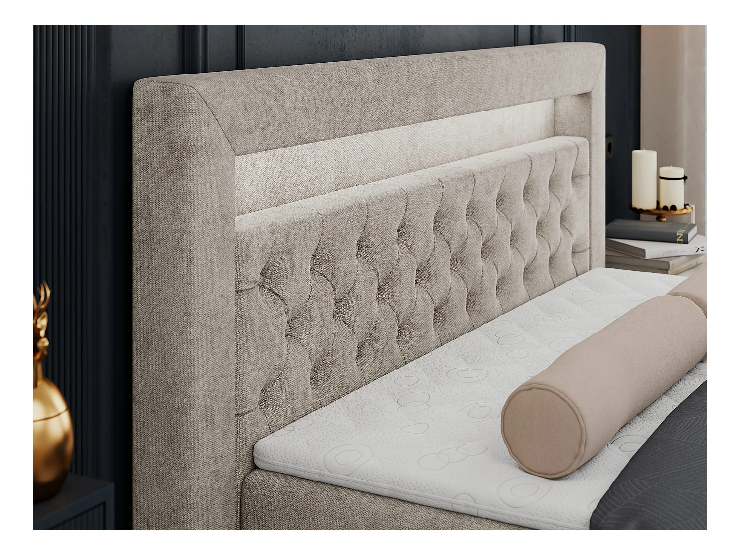 Boxspringbett GOLD 6, Doppelbett mit Stauraum, LED-Beleuchtung, gesteppte Kopfstütze - 180x200 cm - H4 - Beige Strukture
