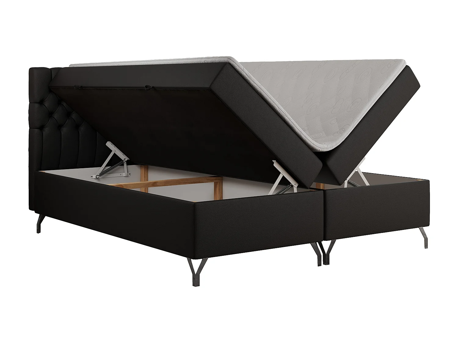 Boxspringbett GRIMALDI mit zwei Bettkästen, gesteppter Kopfstütze, Metallfüßen - 180x200 cm - H3 - Schwarz Kunstleder