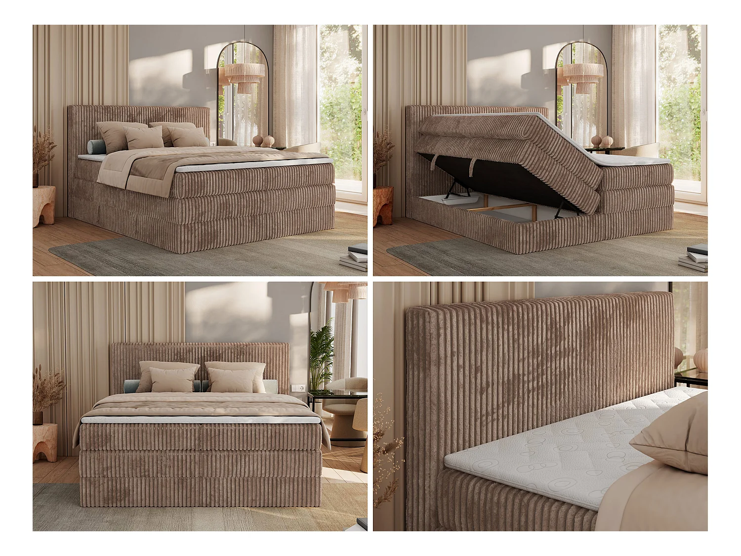 Boxspringbett TILIANO KING, Multipocket-Matratze, Cord Bett, Kopfteil und zwei Bettkästen - 200x200 cm - H4 - Braun Cord