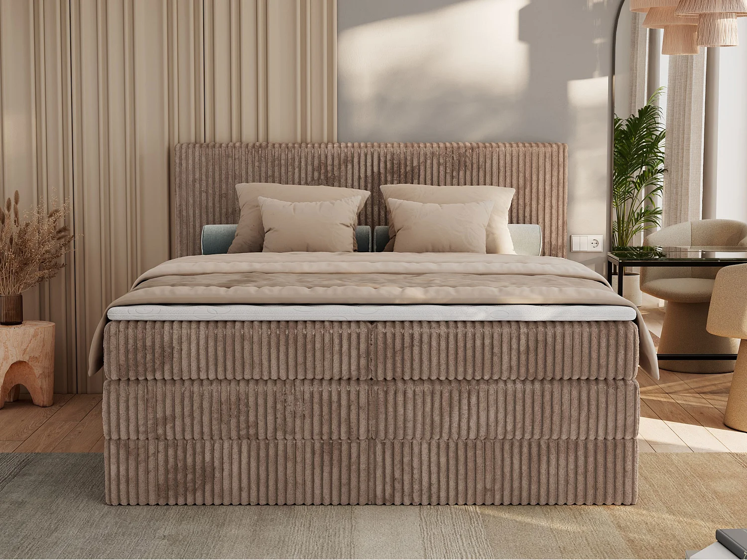 Boxspringbett TILIANO KING, Multipocket-Matratze, Cord Bett, Kopfteil und zwei Bettkästen - 200x200 cm - H4 - Braun Cord