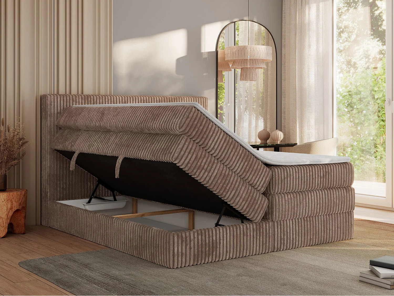 Boxspringbett TILIANO KING, Multipocket-Matratze, Cord Bett, Kopfteil und zwei Bettkästen - 200x200 cm - H4 - Braun Cord