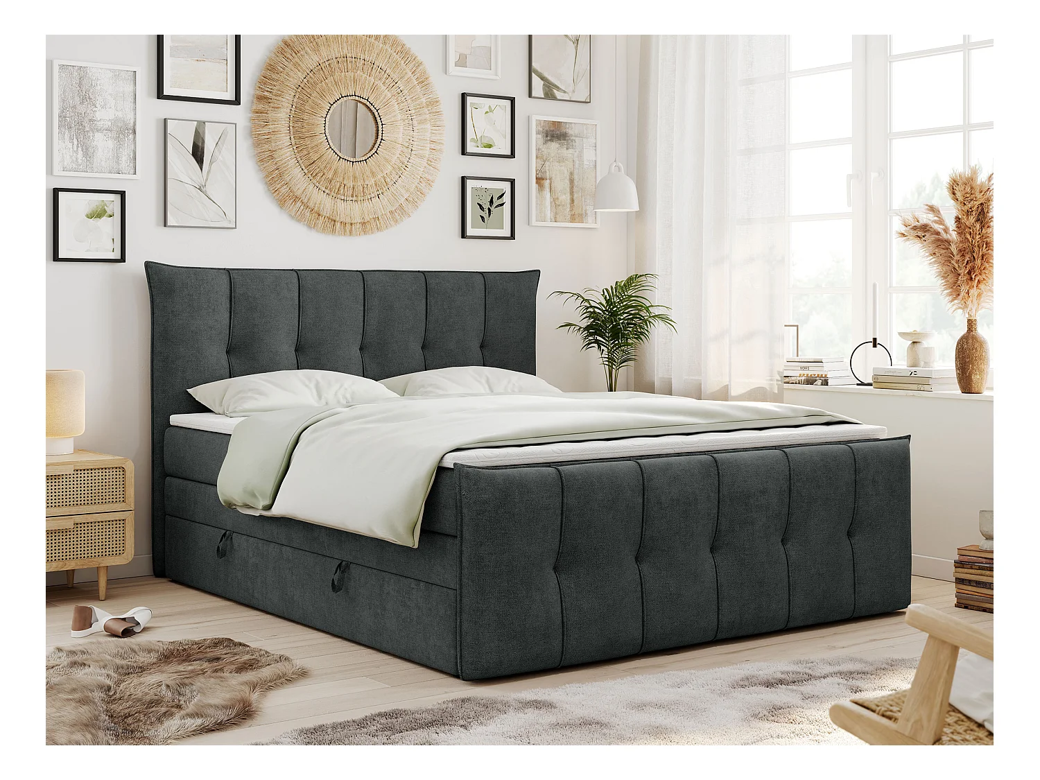 Boxspringbett PREMIUM 11 KING mit Stauraum, gestepptes Kopfteil, zwei Multipocket-Matratzen - 140x200 cm - H4 - Dunkelgrau Strukture