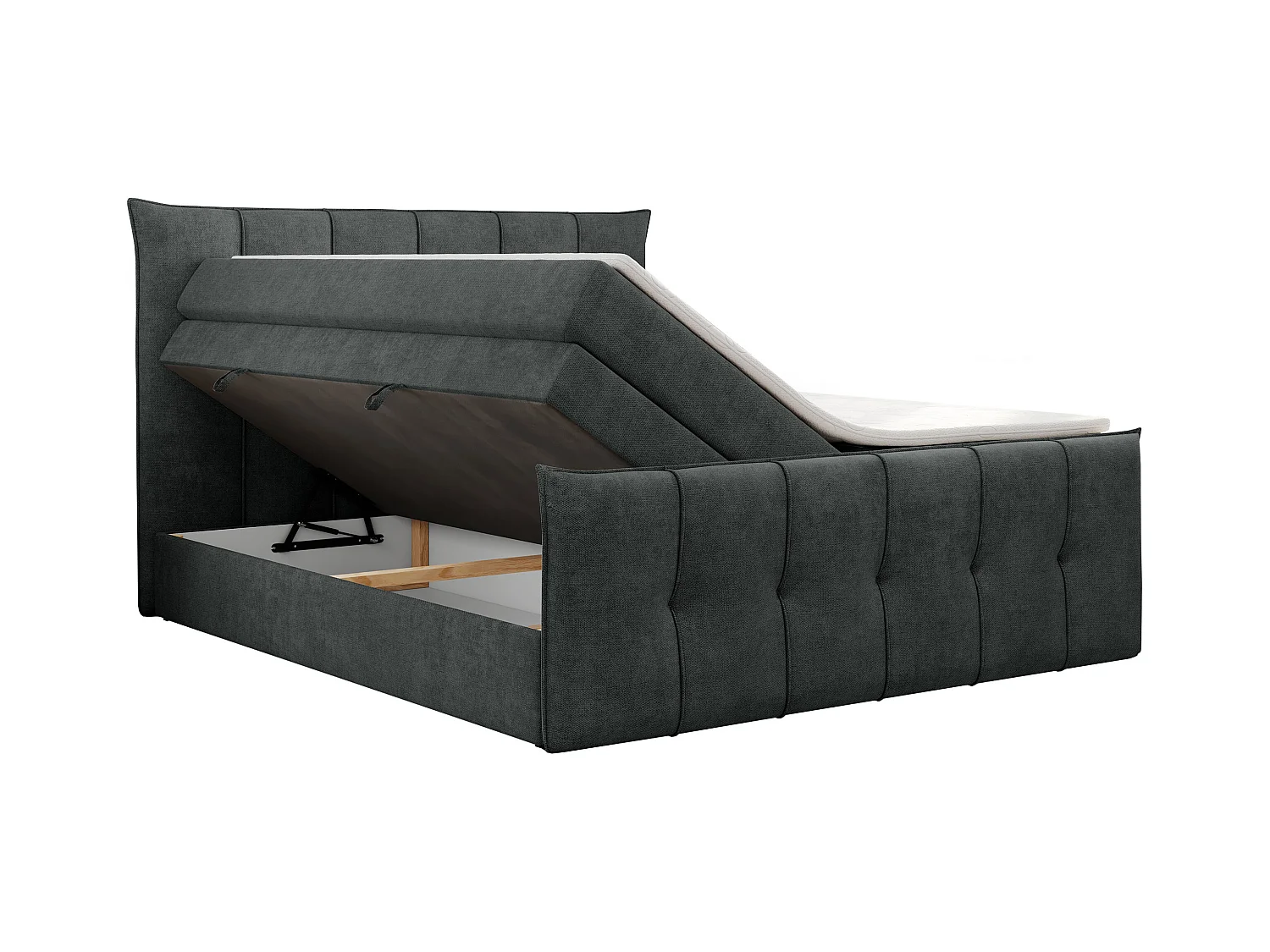 Boxspringbett PREMIUM 11 KING mit Stauraum, gestepptes Kopfteil, zwei Multipocket-Matratzen - 140x200 cm - H4 - Dunkelgrau Strukture