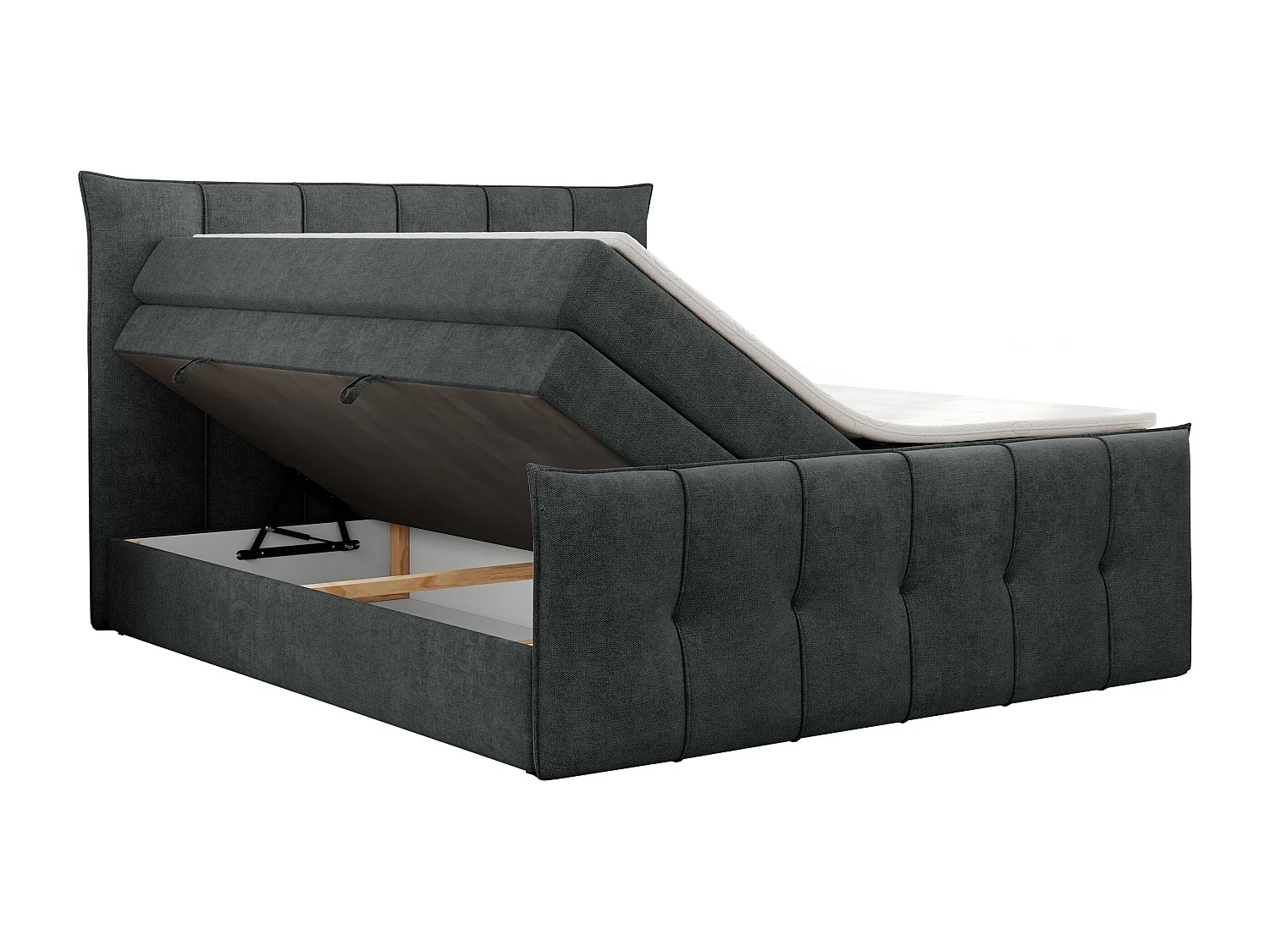 Boxspringbett PREMIUM 11 KING mit Stauraum, gestepptes Kopfteil, zwei Multipocket-Matratzen - 140x200 cm - H4 - Dunkelgrau Strukture