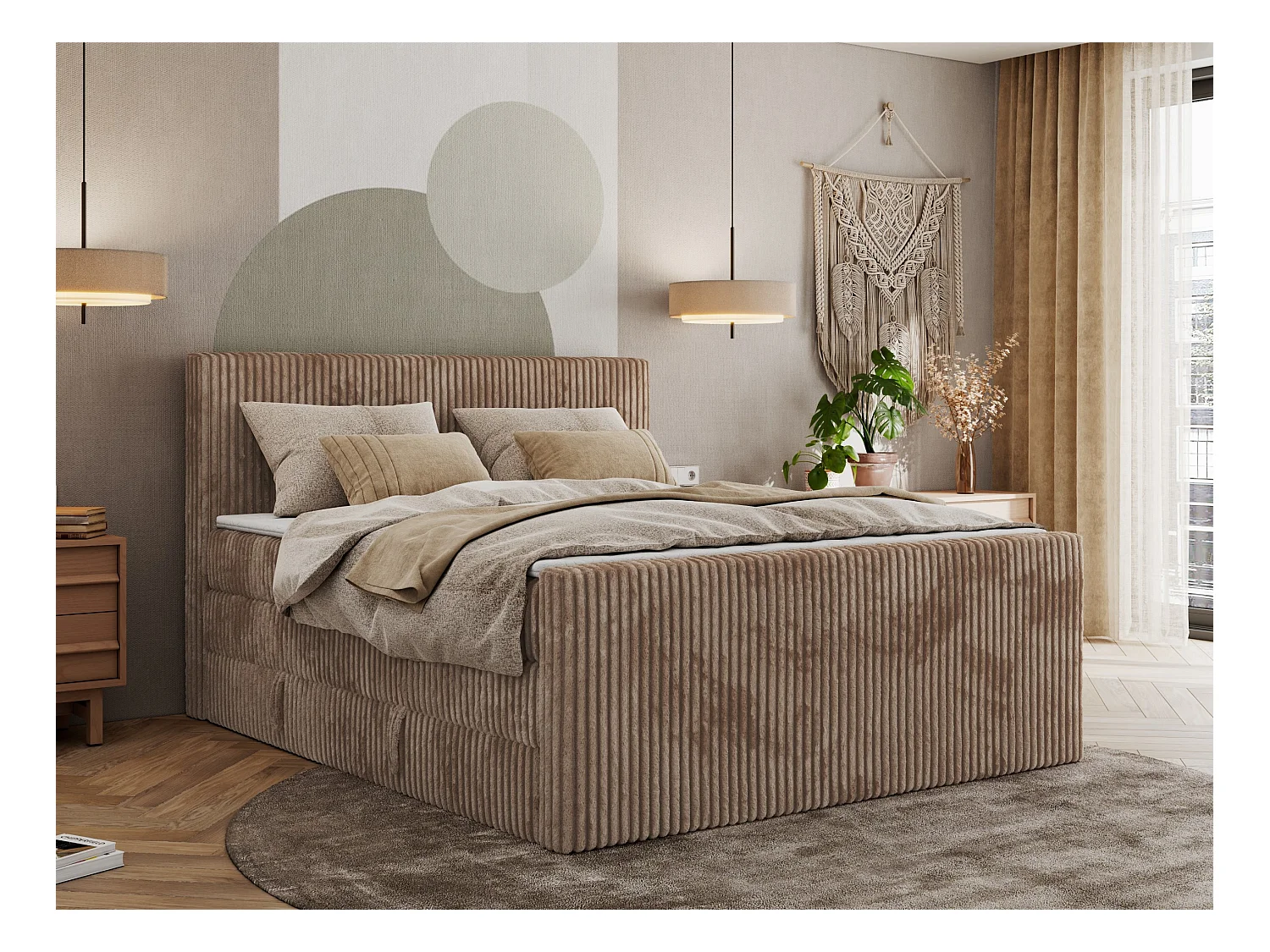 Boxspringbett TILIANO KING DUO, mit zwei Bettkästen, Cord Bett Multipocket-Matratze - 160x200 cm - H4 - Braun Cord