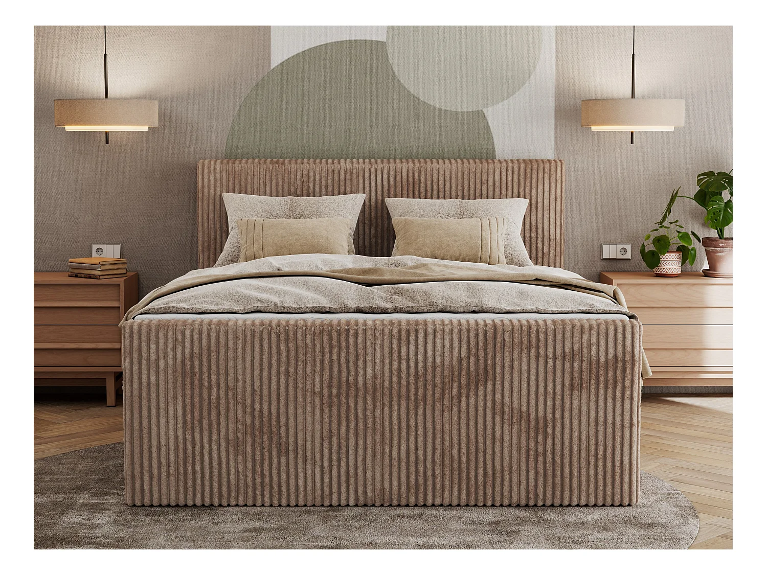 Boxspringbett TILIANO KING DUO, mit zwei Bettkästen, Cord Bett Multipocket-Matratze - 160x200 cm - H4 - Braun Cord