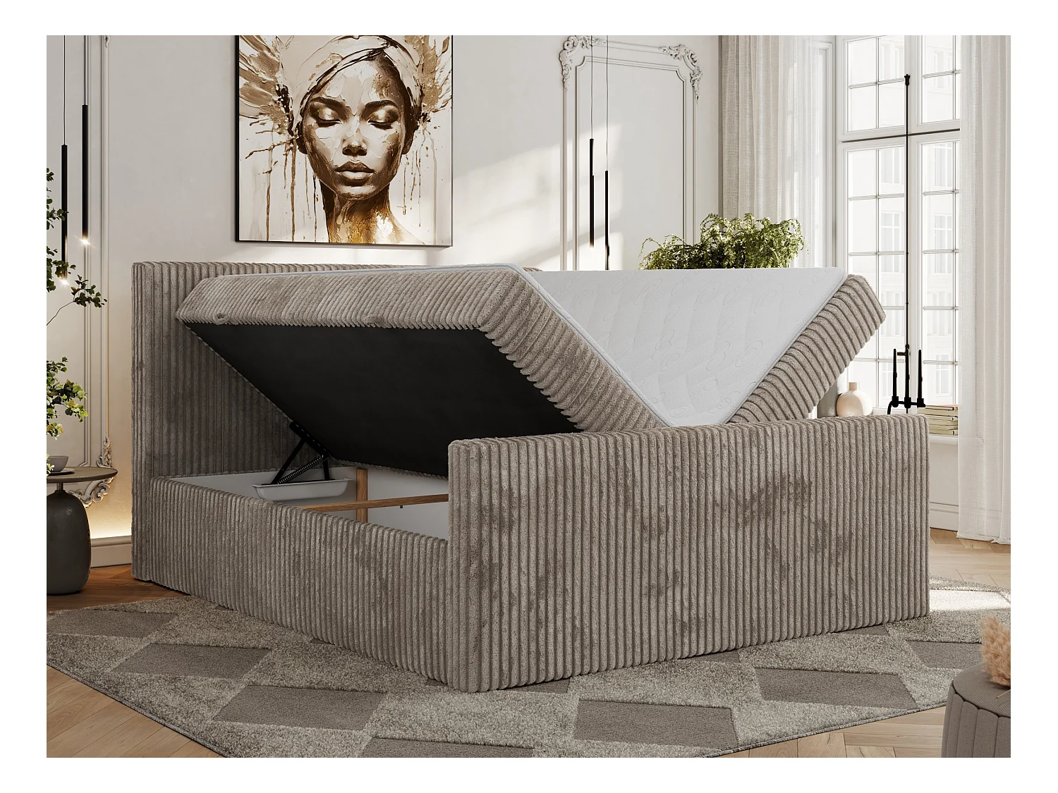 Boxspringbett TILIANO DUO mit gepolstertem Fußteil, Cord Bett, Multipocket-Matratze - 180x200 cm - H4 - Hellbraun Cord