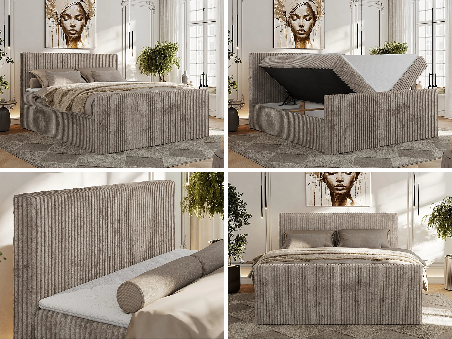 Boxspringbett TILIANO DUO mit gepolstertem Fußteil, Cord Bett, Multipocket-Matratze - 180x200 cm - H4 - Hellbraun Cord