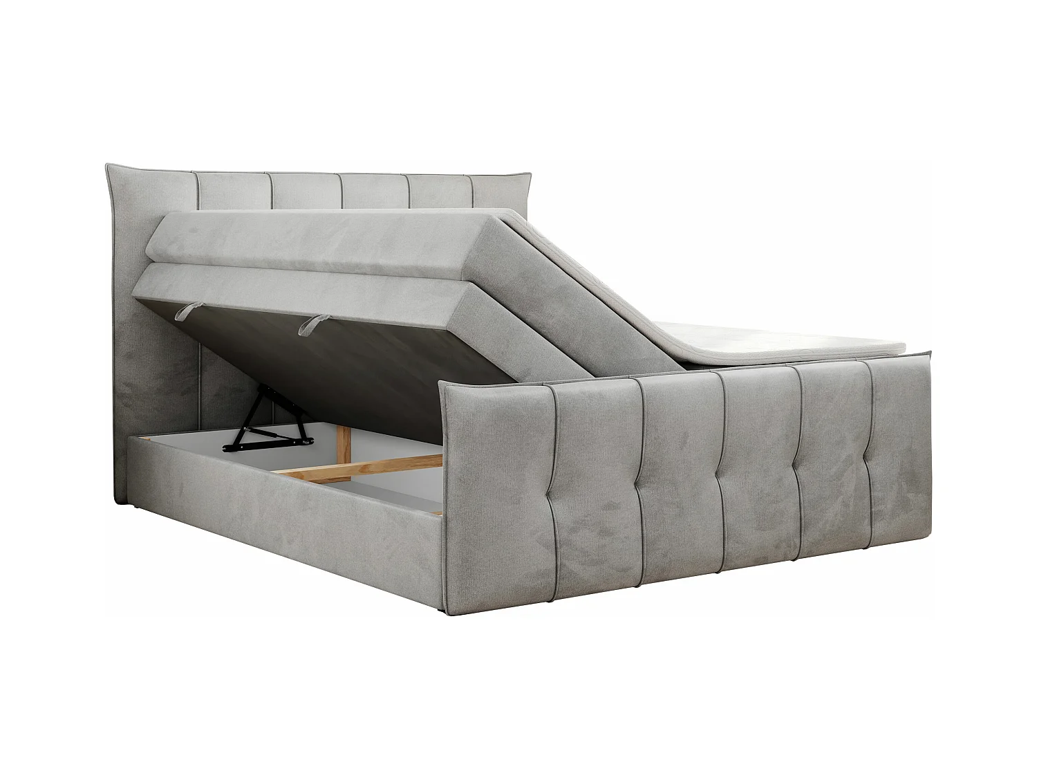 Boxspringbett PREMIUM 11 KING mit Stauraum, gestepptes Kopfteil, zwei Multipocket-Matratzen - 140x200 cm - H4 - Hellgrau Velvet