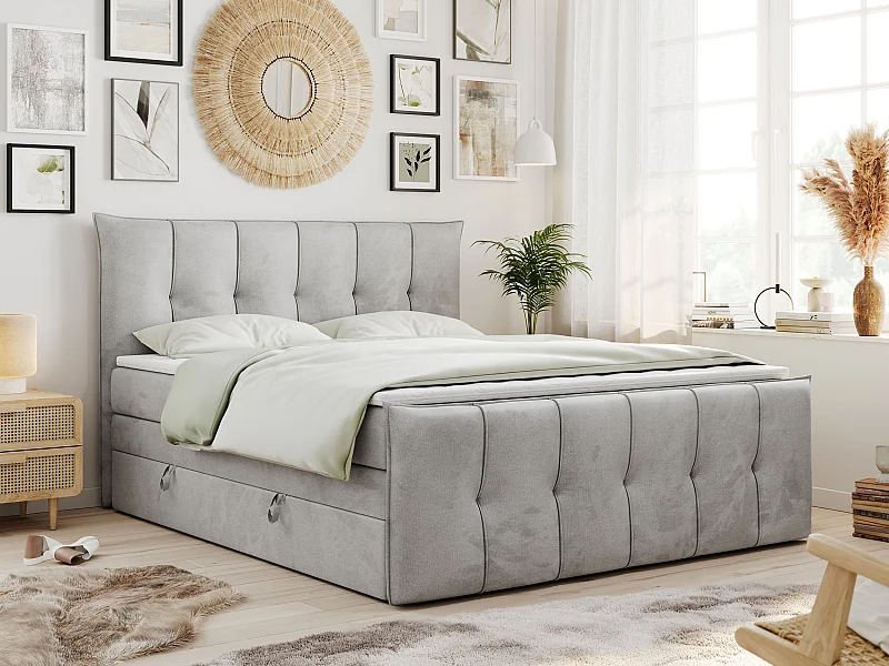 Boxspringbett PREMIUM 11 KING mit Stauraum, gestepptes Kopfteil, zwei Multipocket-Matratzen - 140x200 cm - H4 - Hellgrau Velvet