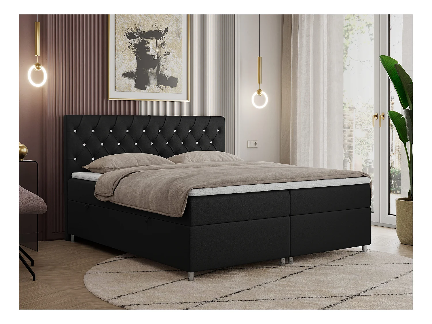 Boxspringbett ROMA mit gestepptem Kopfteil, Multipocket-Matratze, dekorative Füße - 120x200 cm - H4 - Schwarz Kunstleder