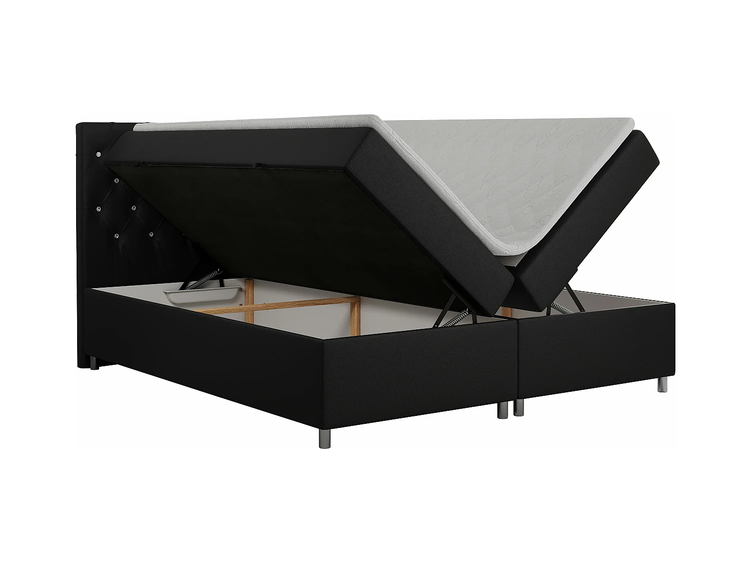 Boxspringbett ROMA mit gestepptem Kopfteil, Multipocket-Matratze, dekorative Füße - 120x200 cm - H4 - Schwarz Kunstleder