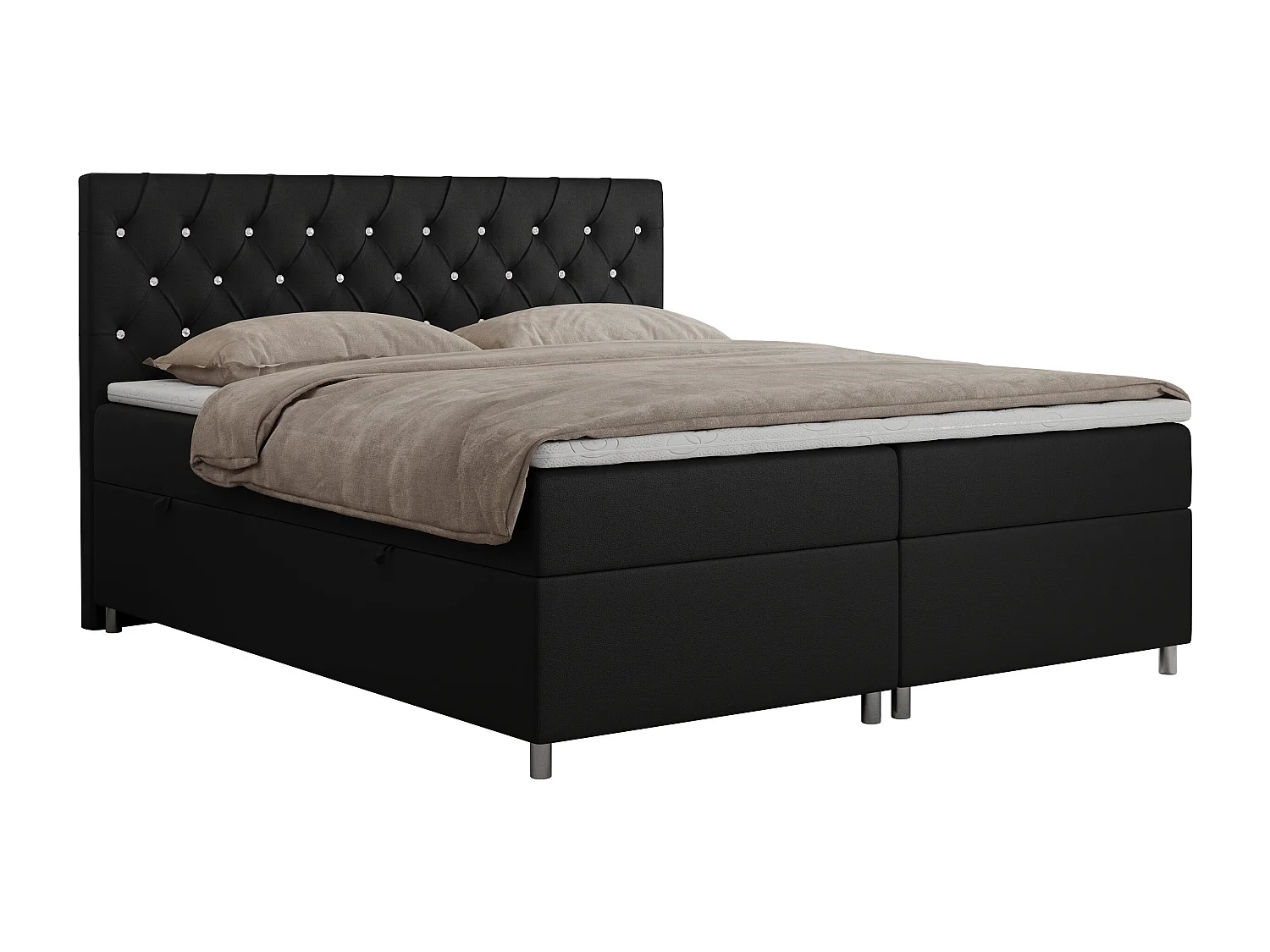 Boxspringbett ROMA mit gestepptem Kopfteil, Multipocket-Matratze, dekorative Füße - 120x200 cm - H4 - Schwarz Kunstleder