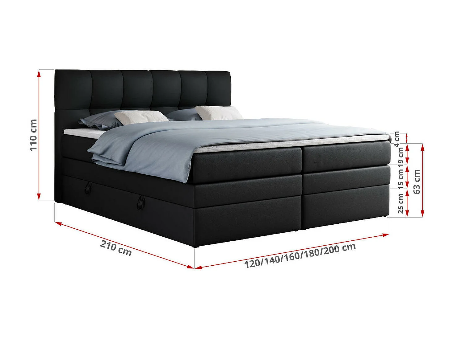 Boxspringbett ALVIN KING, mit zwei Multipocket-Matratzen, Bettkästen, genähtes Kopfteil - 200x200 cm - H3 - Schwarz Kunstleder
