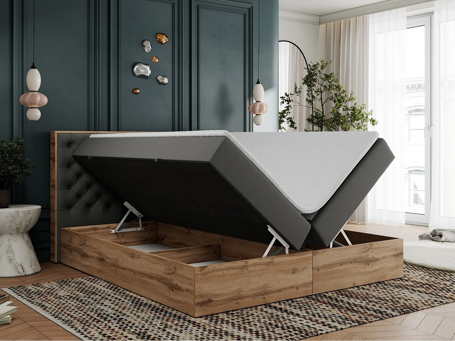 Boxspringbett ALBERO 3 - gesteppte Kopfstütze, Eiche Wotan Holzrahmen, Stauraum - 160x200 cm - H3 - Dunkelgrau Kunstleder