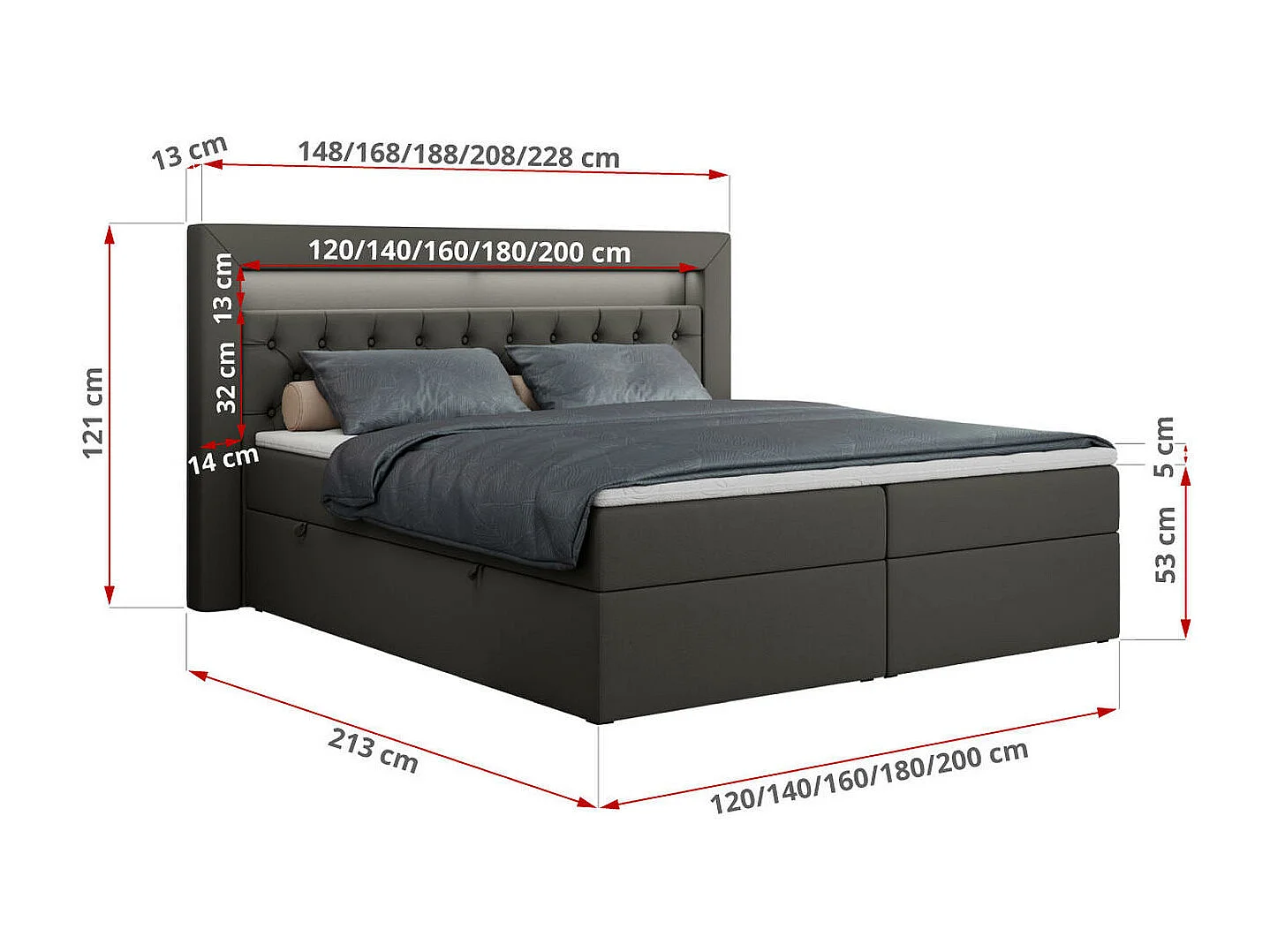 Boxspringbett GOLD 6, Doppelbett mit Stauraum, LED-Beleuchtung, gesteppte Kopfstütze - 120x200 cm - H3 - Dunkelgrau Kunstleder